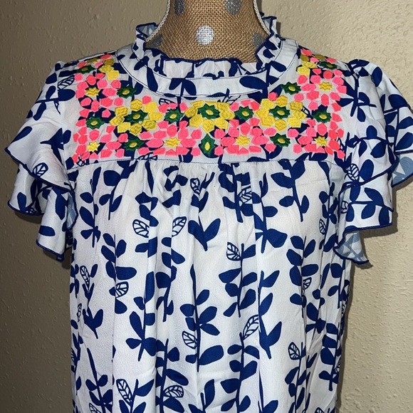 JODIFIL Blue Floral Printed Ruffled Sleeve Embroidered top - Picture 7 of 8